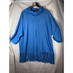 Terre Bleue Shawl/Sweater Womens  XXL 3/4 Sleeve Cowl Neck Fringed Pretty Blue!